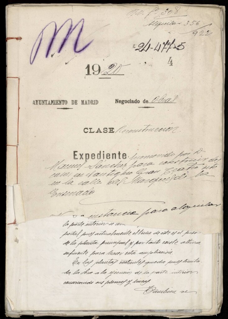 Miniatura de Expediente promovido por Don Manuel Sánchez para construir dos casas en el antiguo Gran Teatro sito en la calle del marqués de la Ensenada.