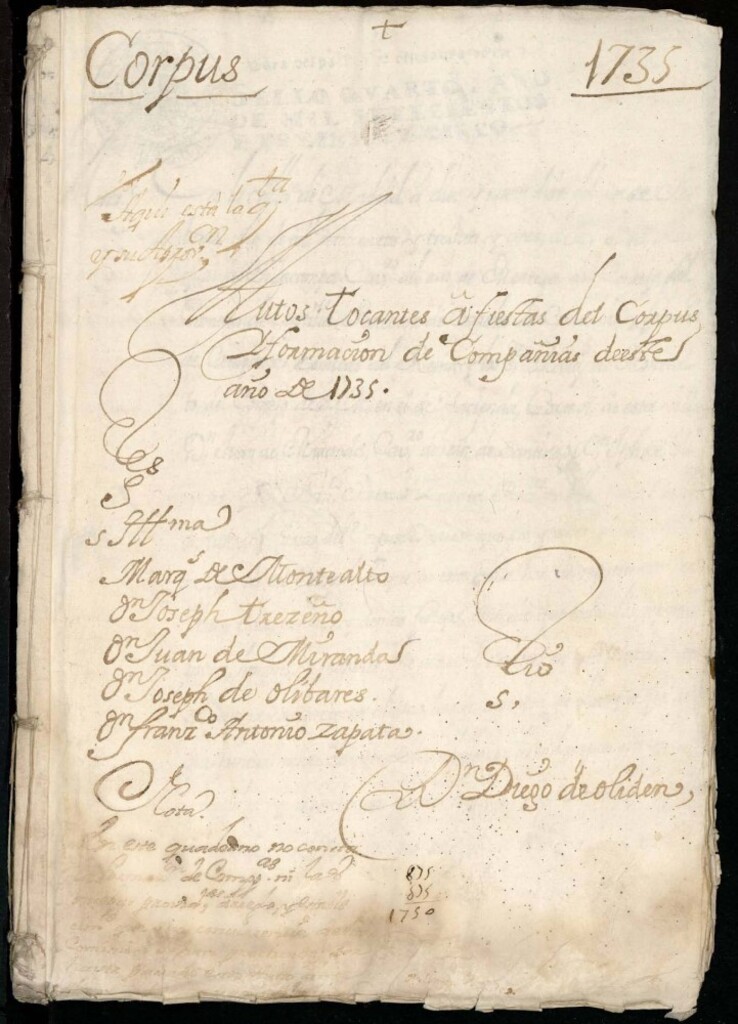 Miniatura de Autos tocantes a fiestas del Corpus y formación de compañías de este año de 1735