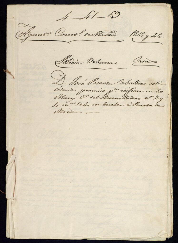 Miniatura de Don José Puerta Caballero solicitando permiso para edificar en los solares calle del Humilladero, 2 y 4 manzana 104, con vuelta a la Puerta de Moros