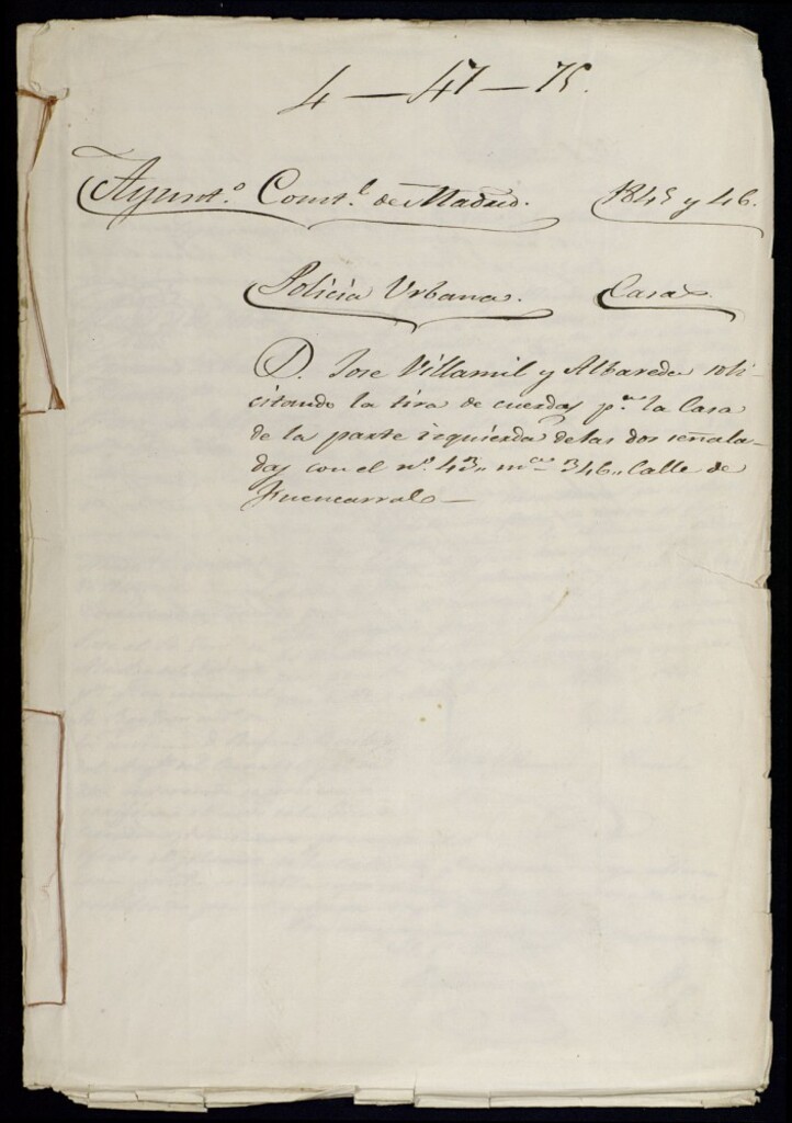 Miniatura de Don José Villamil y Albareda solicitando la tira de cuerdas para la casa de la parte izquierda de las dos señaladas con el número 43, manzana 346, de la calle de Fuencarral.
