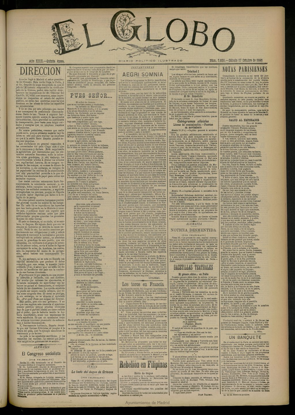 Miniatura de El Globo : diario ilustrado del 17 de octubre de 1896, nº 7638