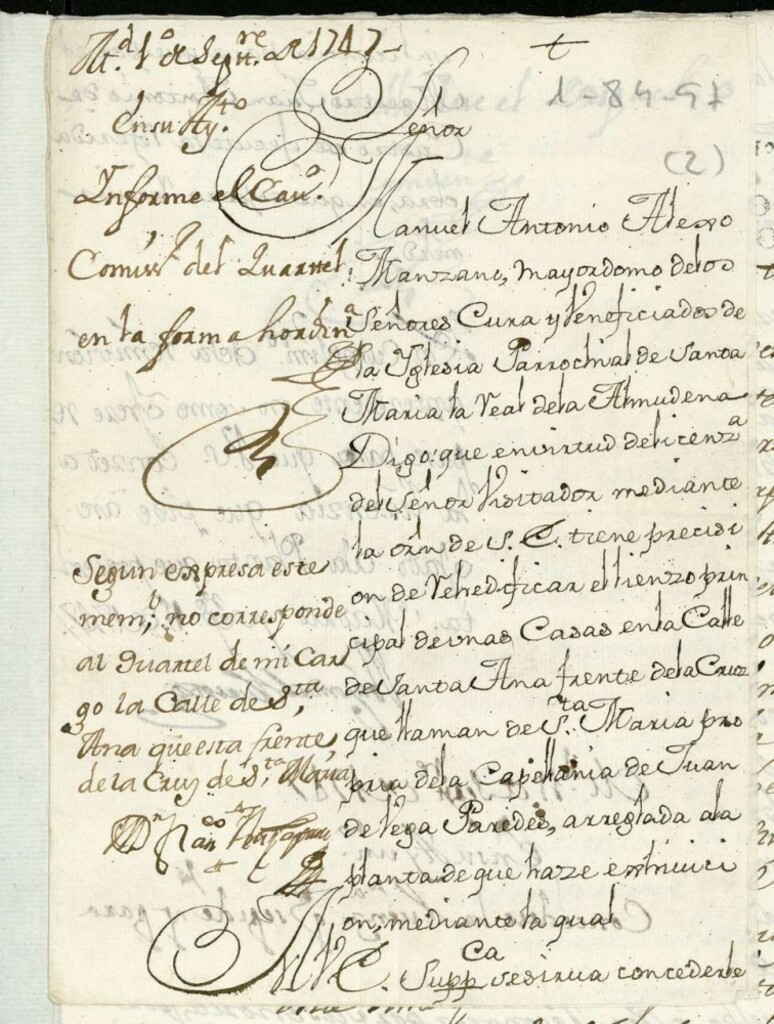 Miniatura de Licencia a Don Manuel antonio Alejo Manzano, Mayordomo de la Parroquial de Santa María para reedificar el lienzo principal de unas casa en la Calle de Santa Ana frente a la Cruz de Santa María.