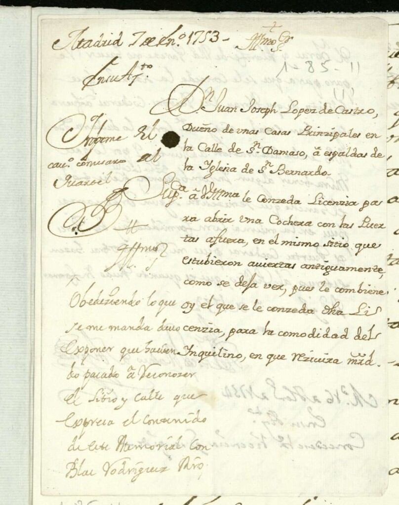 Miniatura de Licencia a Don José López de Castro para abrir hacia fuera unas puertas cocheras en su casa Calle de San Dámaso a espaldas de la Iglesia de San Bernardo.