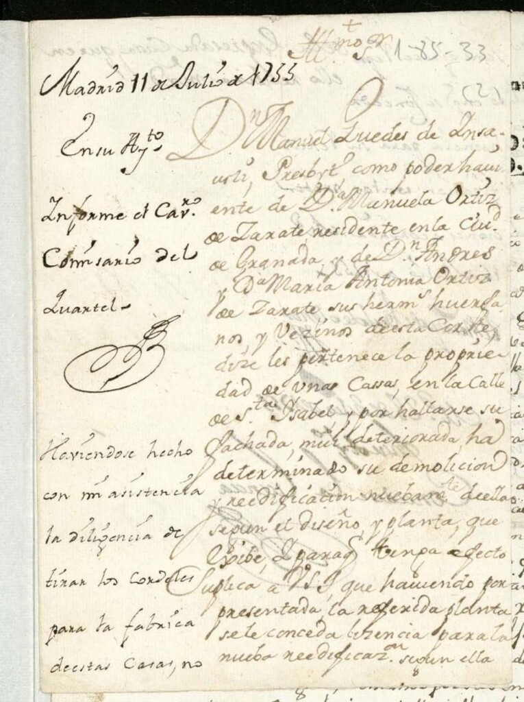 Miniatura de Licencia a Don Manuel Guedes de Insausti para reedificar la fachada de unas casas calle de Santa Isabel, propias de Don Manuela Ortiz de Zárate.