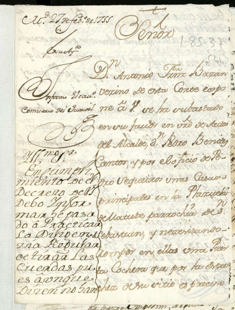 Miniatura de Licencia a Don Antonio Francisco Bazán para abrir hacia afuera unas puertas cocheras en su casa Plazuela de Matute.