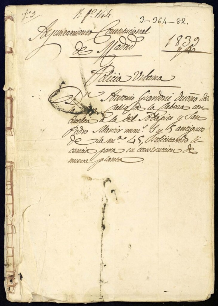 Miniatura de D. Antonio Giandoni, dueño de la casa, calle de la Cabeza con vuelta á la del Avapiés y San Pedro Martín nº 1 y 5 antiguo de la manzana 45, solicitando la licencia para su construcción de nueva planta.