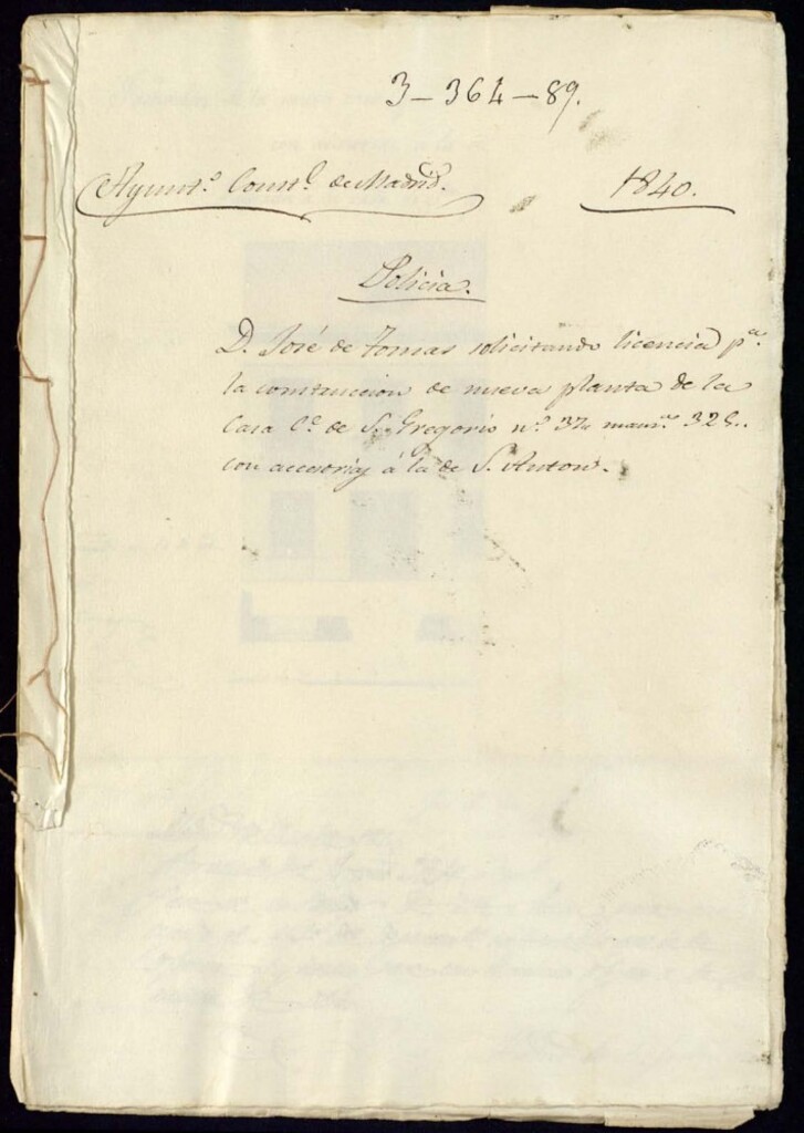 Miniatura de Don José de Tomás solicitando licencia para la construcción de nueva planta de la casa de la calle de San Gregorio número 37 manzana 325 con accesorias a la de San Antón
