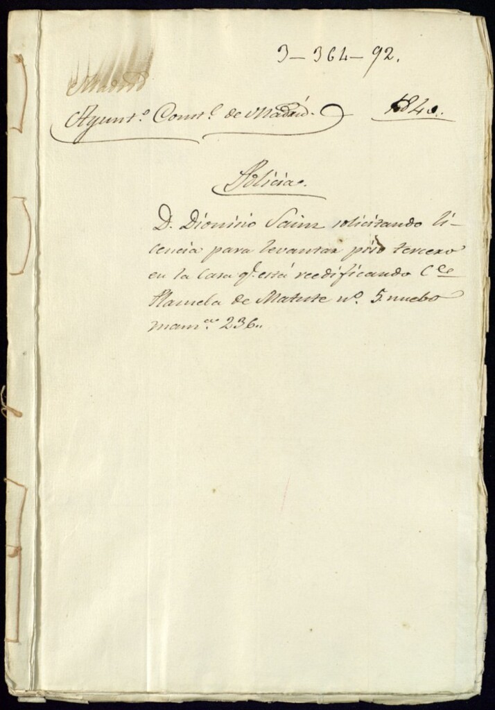 Miniatura de Don Dionisio Sainz solicitando licencia para levantar piso tercero en la casa que le esta reedificando en la calle de la Plazuela de Matute, 5 nuevo, manzana 236