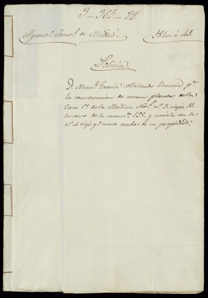 Miniatura de Don Manuel García solicitando licencia para la construcción de nueva planta de la casa de la calle de la Milicia Nacional número viejo, 11, nuevo de la manzana 195, y unirla con la del número 4 viejo y 9 nuevo ambas de su propiedad.
