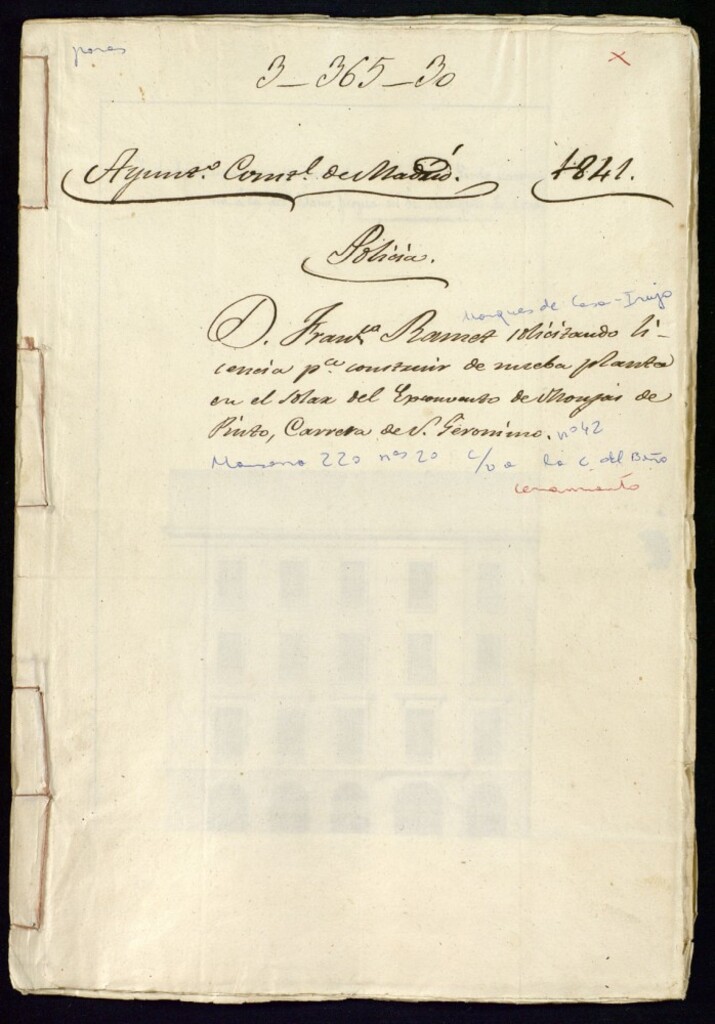 Miniatura de Don Francisco Ramez, solicitando licencia, para construir de nueva planta en el solar del esconvento de monjas de Pinto, Carrera de San Jerónimo, nº 24, manzana 220.