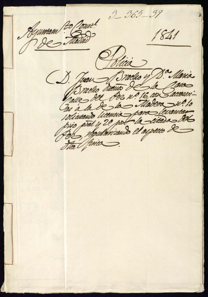 Miniatura de Don Juan Bracho y doña Maria Bracho dueños de la casa de la calle del Pez, 16, con accesorias a la de la Madera, 10 solicitando licencia para levantar piso principal y segundo por la citada del Pez regularizando el aspecto de dicha finca.