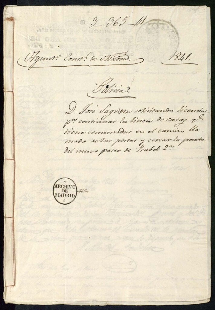 Miniatura de Don José Sagrista solicitando licencia para continuar la línea de casas que tiene comenzadas en el camino llamado de las Postas y cercar la parte del nuevo Paseo de Isabel Segunda.