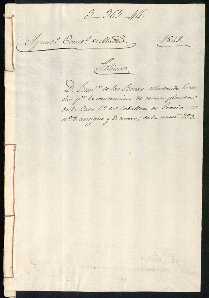 Miniatura de Don Francisco de las Rivas solicitando licencia par la construcción de nueva planta de la casa de la calle del Caballero de Gracia, 8 antiguo y 9 nuevo de la manzana 293
