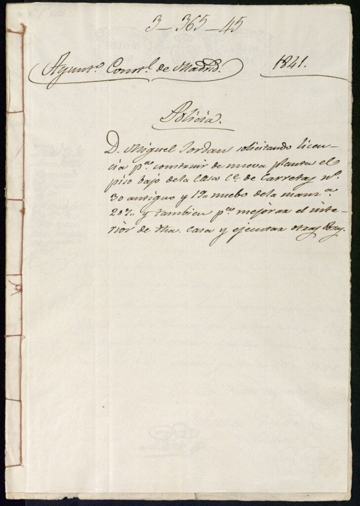 Miniatura de Don Miguel Jordan solicitando licencia para construir de nueva planta el piso baja de la casa de la calle de Carretas, 30 antiguo y 19 nuevo de la manzana 207, y también para mejorar el interior de dicha casa y ejecutar otras obras.