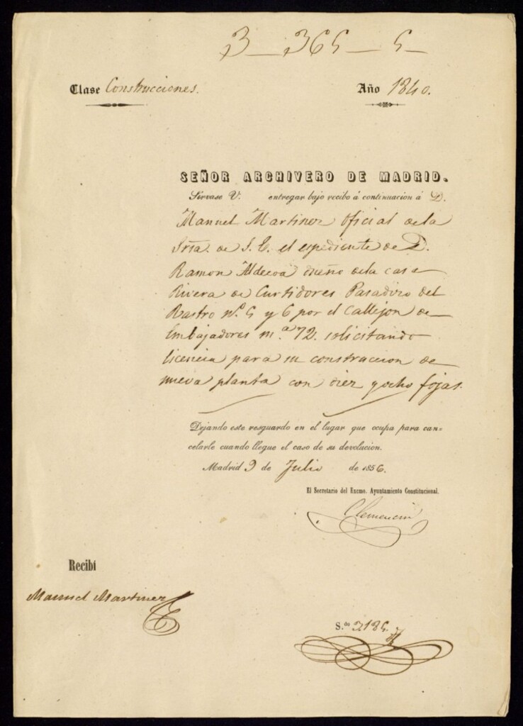 Miniatura de Solicitud al señor archivero de Madrid,hecha por don Manuel Martínez oficial de la Secretaria del Excelentisimo Ayuntamiento Constitucional, de expediente de don Ramón Aldecoa, dueño de la casa Rivera de Curtidores Pasadizo del Rastro, 5 y 6 por el callejón de Embajadores, manzana 72 solicitando licencia para su construcción de nueva planta con diez y ocho hojas.