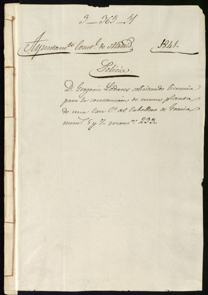 Miniatura de Don Gregorio Lodares solicitando licencia para la construcción de nueva planta de una casa de la calle del Caballero de Gracia, 5 y 7 de la manzana 293