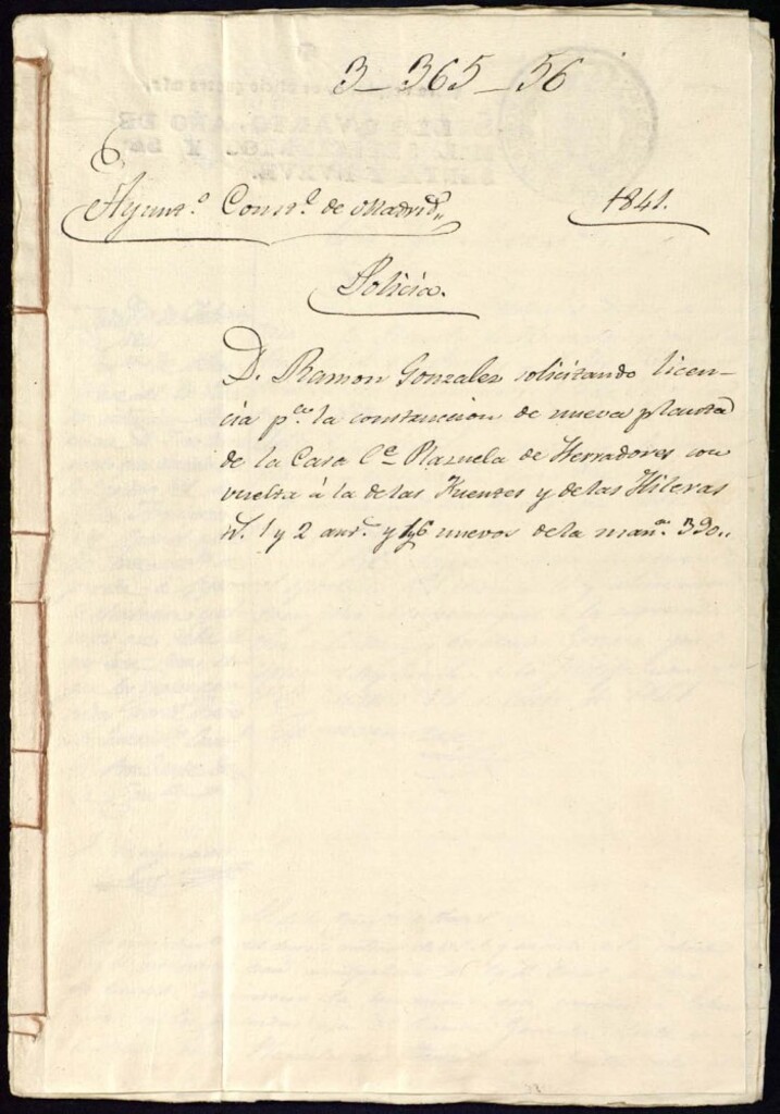 Miniatura de Don Ramón González solicitando licencia para la construcción de nueva planta de la casa de la calle de la Plazuela de Herradores, nº 6 con vuelta a la de las Fuentes, nº 2 y de las Hileras, nº 1 nuevos, de la manzana 390