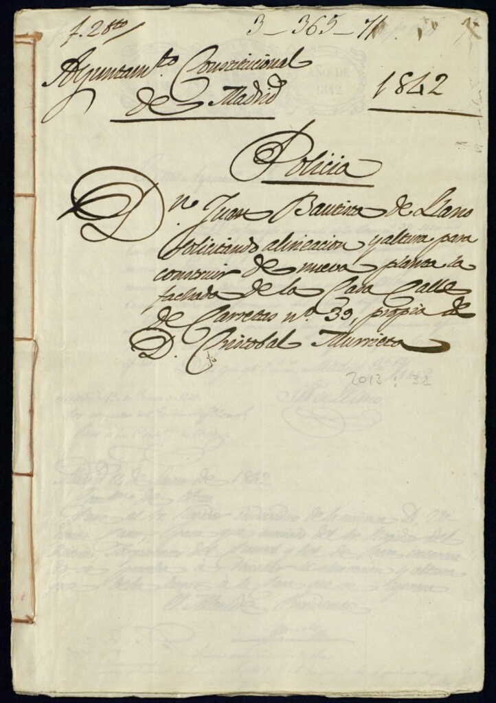 Miniatura de Don Juan Bautista de Llano, solicitando alineación y altura para construir de nueva planta la fachada de la casa, calle de Carretas nº 33, propia de Don Cristóbal de Murrieta.