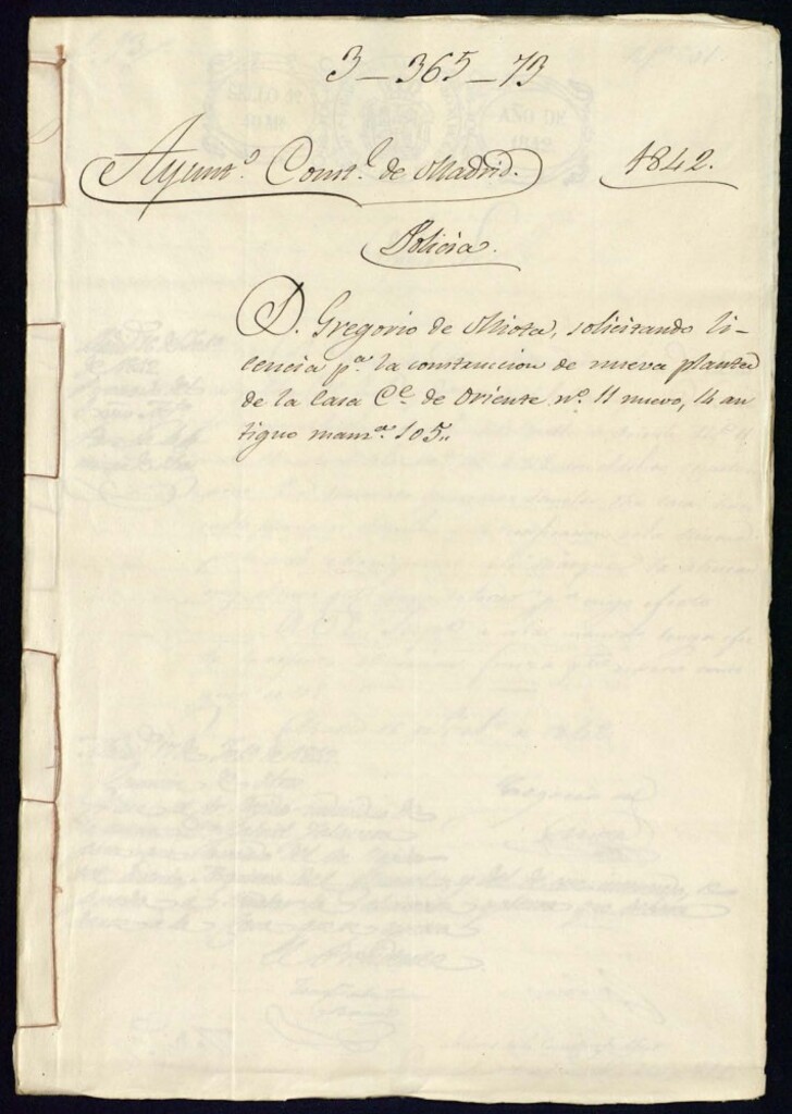 Miniatura de Don Gregorio de Miota, solicitando licencias para la construcción de nueva planta de la casa, calle de Oriente nº 11 nuevo, 14 antiguo manzana 105.