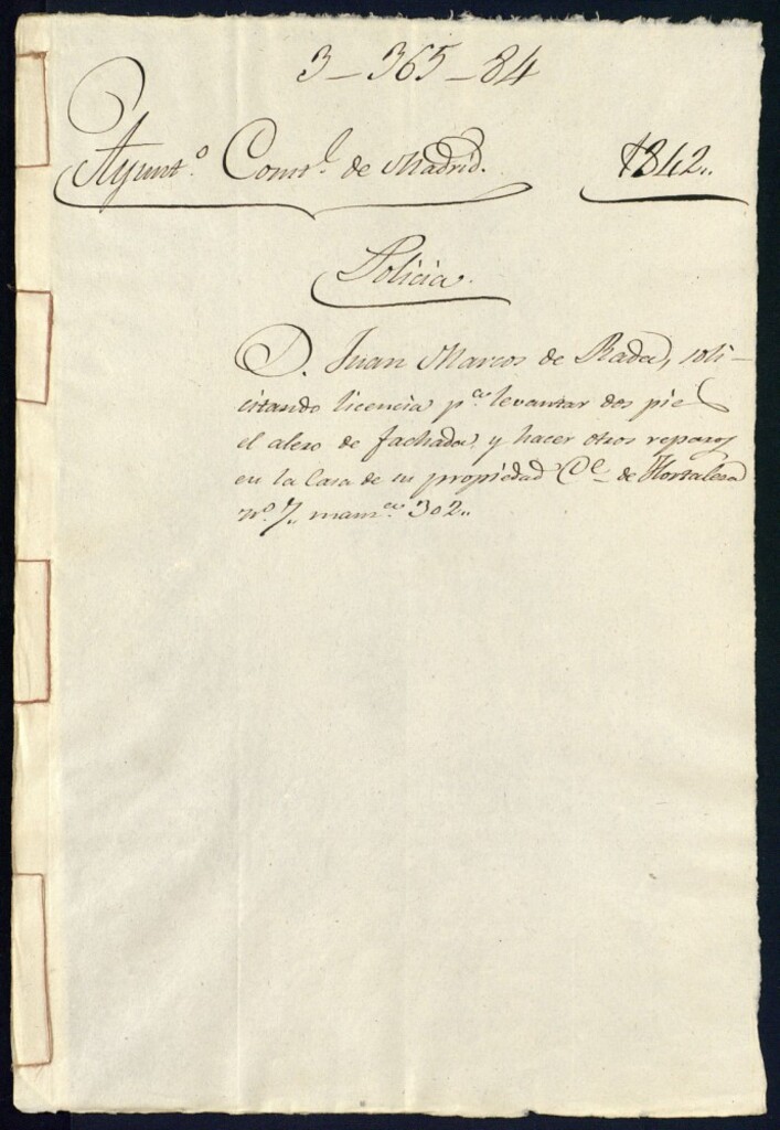 Miniatura de Don Juan Marcos de Rada, solicitando licencia para levantar dos piés el alero de fachada y hacer otros reparos en la casa de su propiedad Calle de Hortaleza nº 7, manzana 302.