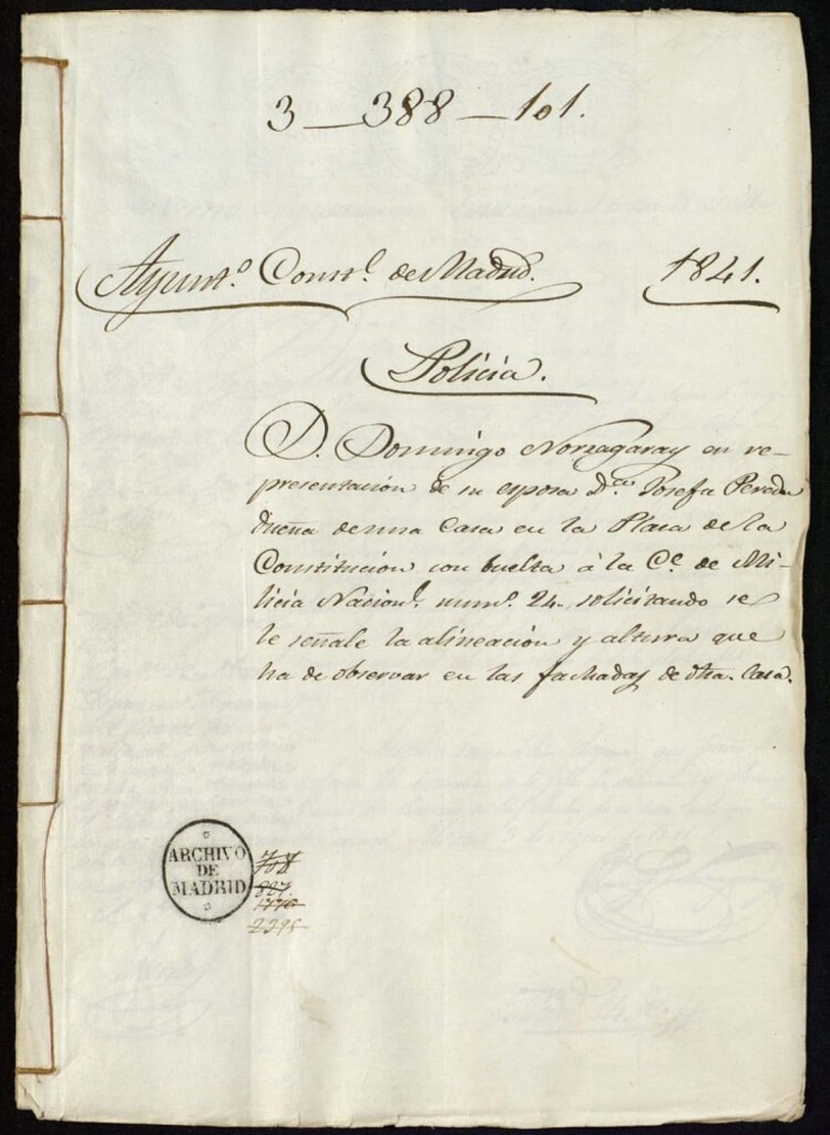 Miniatura de Don Domingo Noriagaray en representación de su esposa doña Josefa Pereda dueña de una casa en la Plaza de la Constitución con vuelta a la calle de Milicia Nacional, 24, solicitando se le señale la alineación y altura que ha de observar en las fachadas de dicha casa