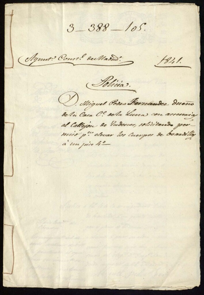 Miniatura de Don Miguel Pedro Fernández dueño de la casa de la calle de la Luna con accesorias al callejón de Tudescos, solicitando permiso para elevar los cuerpos de buhardillas a un piso cuarto.señalada con los números 7 nuevo y antiguo 2, manzana 373