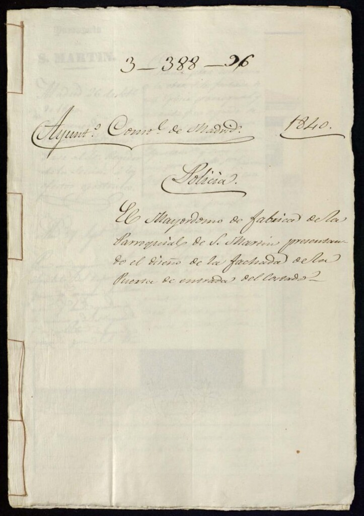 Miniatura de El mayordomo de fábrica de la Parroquia de San Martín presentando el diseño de la fachada de la Puerta de entrada del costado