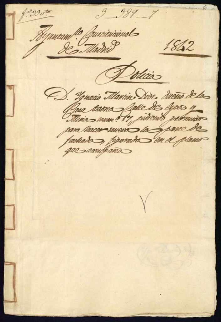 Miniatura de Don Ignacio Martín Díez dueño de la casa tahona calle de Espoz y Mina, 7 pidiendo permiso para hacer nueva la parte de la fachada figurada en el plano que acompaña.