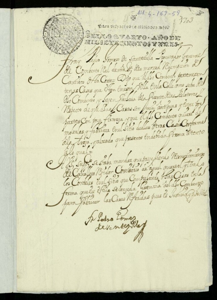 Miniatura de Licencia a Señor Pedro Gómez de Santecilla a nombre del Convento de la Merced para reedificar frente a la fuente de Relatores, hoy Plazuela de Progreso