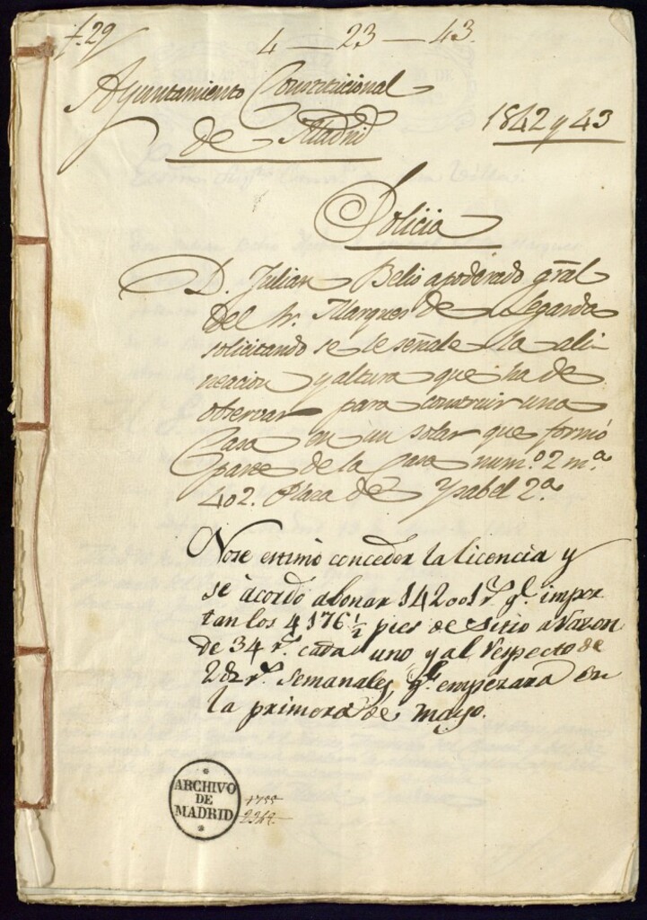Miniatura de Don Julian Belio, apoderado general del Sr. Marqués de Legarda, solicitandose le señale la alineación y altura que ha de observar para construir una casa en un solar que formó pared de la casa nº 2 manzana 402. Plaza de Isabel 2ª.