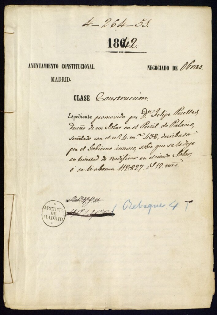 Miniatura de Expediente pormovido por Don Felipe Puellex, dueño de un solar en el Pretil del Palacio señalado con el nº 4, manzana 438, derribado por el Gobierno intenso, sobre el que se deje en libertad de reedificar en el citado solar o se le abonen 112.827 reales y 12 maravedies.