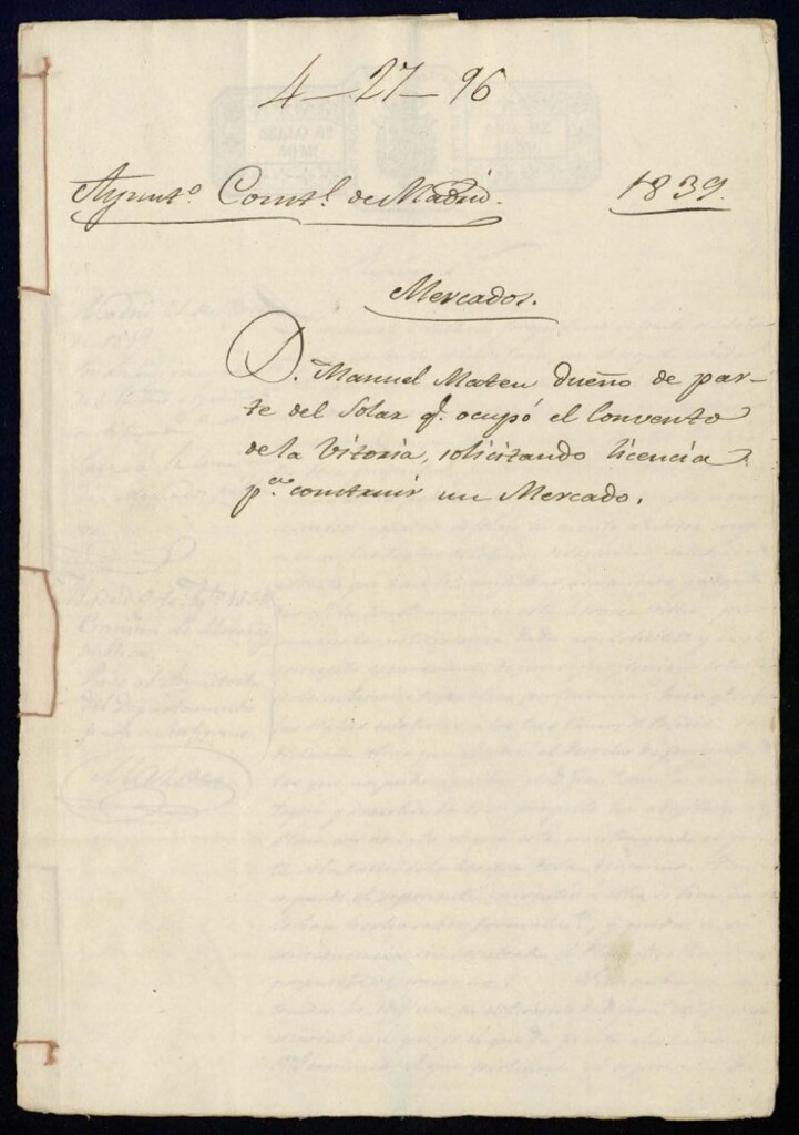 Miniatura de Don Manuel Matteu, dueño de parte del solar que ocupó el convento de la Vitoria, solicitando licencia para construir un mercado.