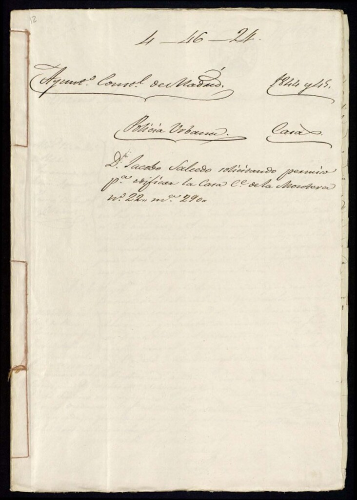 Miniatura de Don Jacobo Salcedo solicitando permiso para edificar la casa de la calle de la Montera, 22, manzana 290