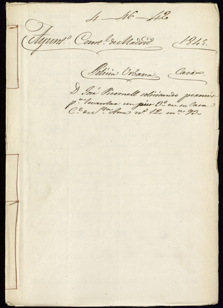 Miniatura de Don José Picornell solicitando permiso para levantar un piso tercero en su casa de la calle de Santa Ana, 12, manzana 93