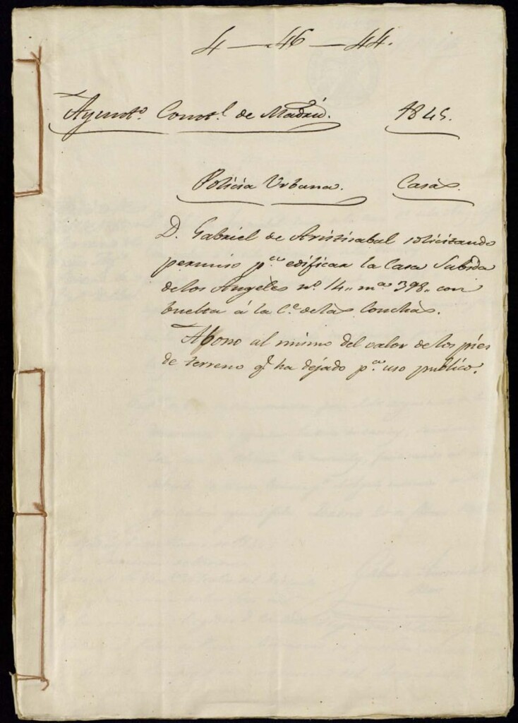 Miniatura de Don Gabriel de Aristizábal solicitando permiso para edificar la casa subida de los Ángeles , 14, manzana 398, con vuelta a la calle de las Conchas. Abono al mismo del valor de los pies de terreno que ha dejado para uso público.