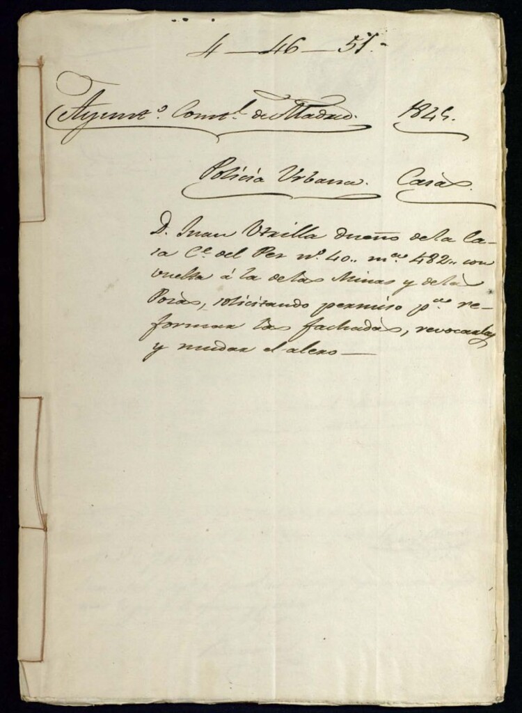 Miniatura de Don Juan Utrilla dueño de la casa en la calle del Pez, 40, manzana 482, con vuelta a al de las Minas, y de las Pozas, solicitando permiso para reformar las fachadas revocadas y mudar el alero.