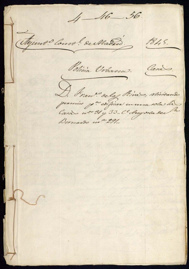 Miniatura de Don Francisco de las Rivas, solicitando permiso para edificar en una sola las casas número 31 y 33 de la calle Angosta de San Bernardo, manzana 291