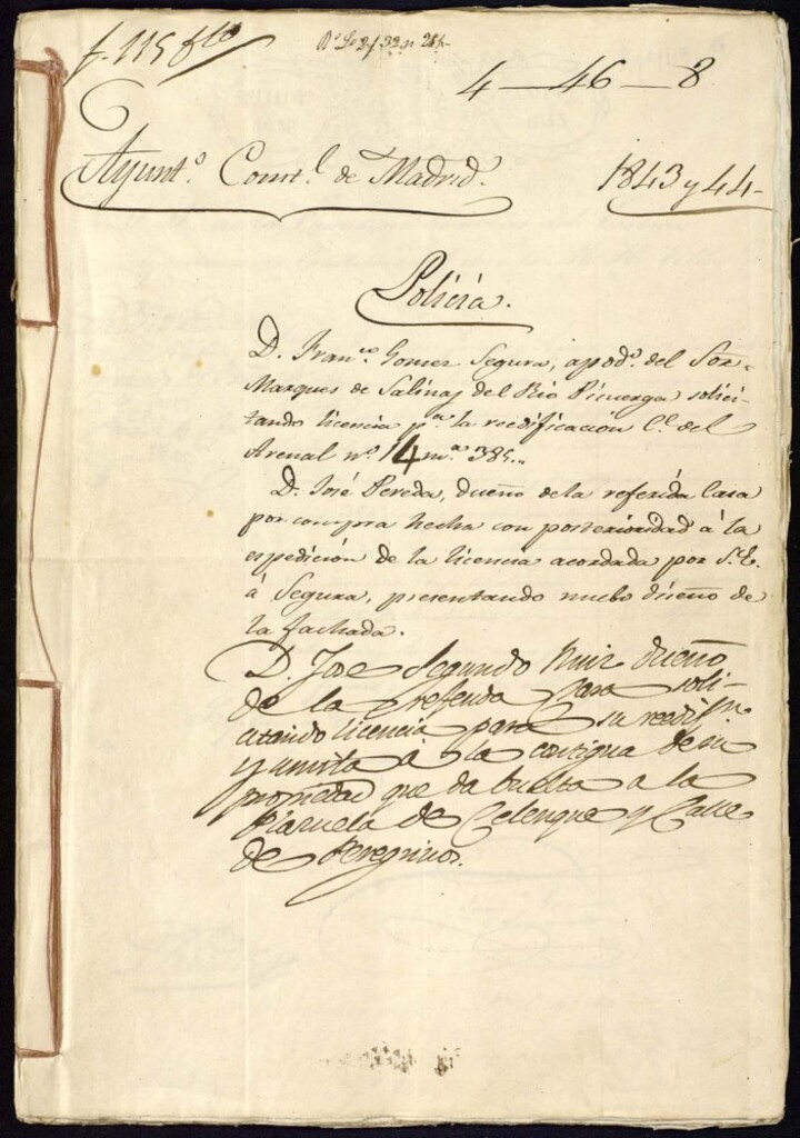 Miniatura de Don Francisco Gómez Seguro, apoderado del Señor Marqués de Salinas del Rio Pisuerga, solicitando licencia para la reedificación, calle del Arenal nº 14, manzana 385.