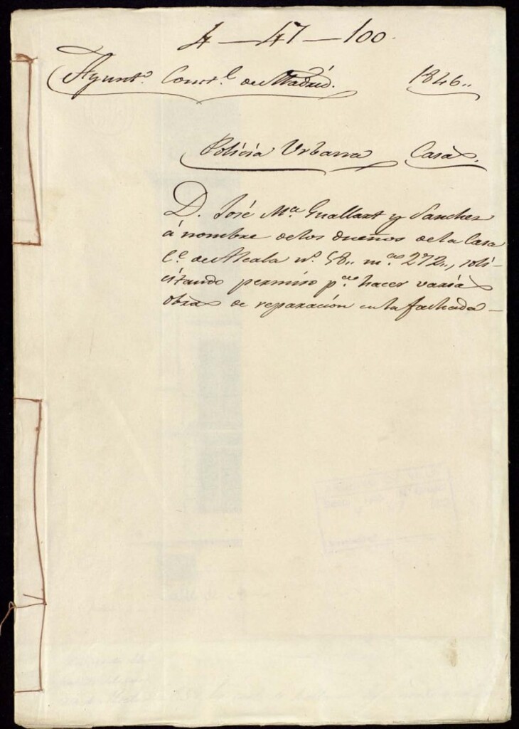 Miniatura de Don José María Guallart Sánchez a nombre de los dueños de la casa de la calle de Alcalá, 58, manzana 272, solicitando permiso para hacer varias obras de reparación en la fachada.