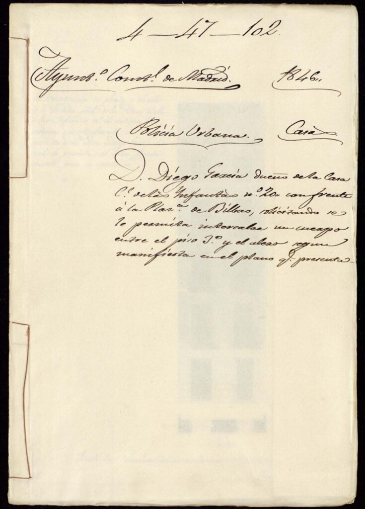 Miniatura de Don Diego García dueño de la casa de la calle de las Infantas, 20 con frente a la Plaza de Bilbao, solicitando se le permita intercalar un cuerpo entre el piso tercero y el alero según manifiesta en el plano que presenta.