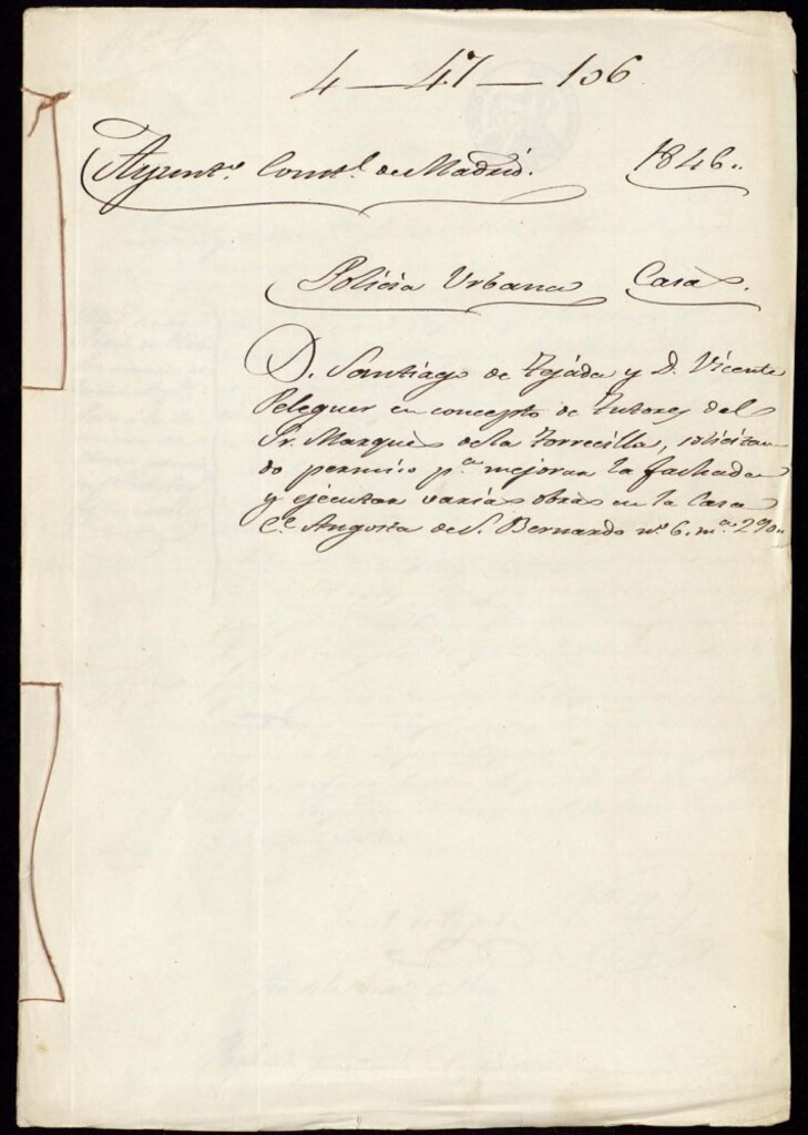 Miniatura de Don Santiago de Tejada y don Vicente Peleguer en concepto de tutores del marqués de la Torrecilla, solicitando permiso para mejorar la fachada y ejecutar varias obras en la casa de la calle Angosta de San Bernardo, 6, manzana 290