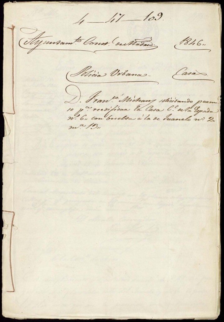 Miniatura de Don Francisco Michans solicitando permiso para reedificar la casa de la calle de la Espada, 6, con vuelta a la de Juanelo, 2, manzana 13