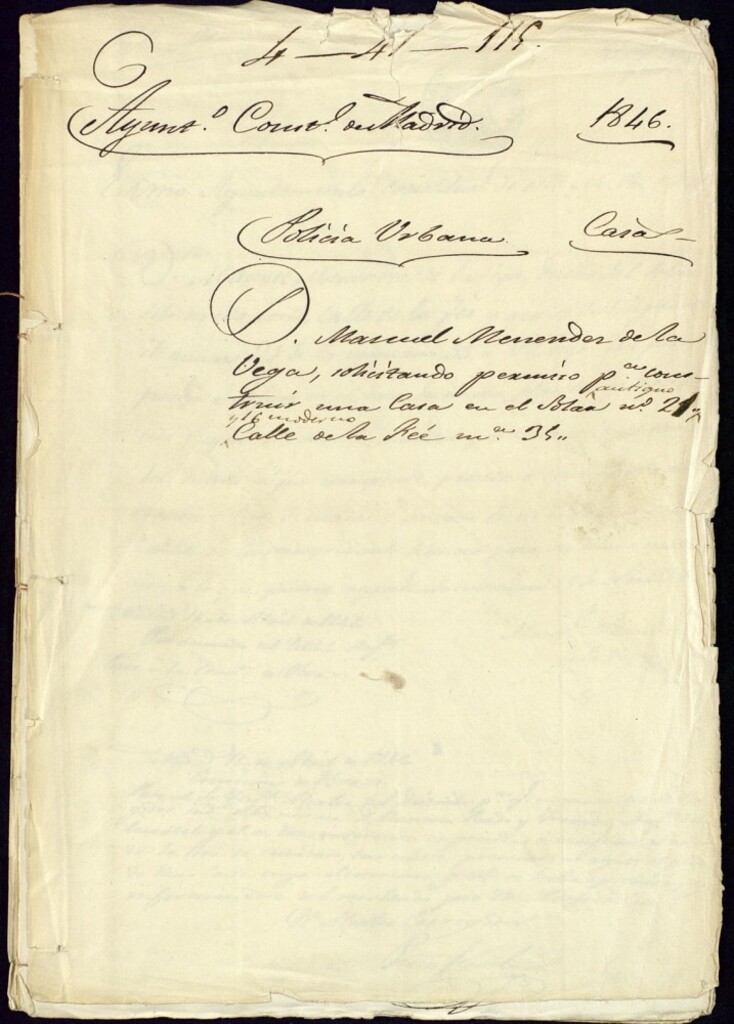 Miniatura de Don Manuel Menendez de la Vega solicitando permiso para construir una casa en el solar , 21 antiguo y 16 moderno de la calle de la Fee, manzana 35 con vuelta a la de la Salud.