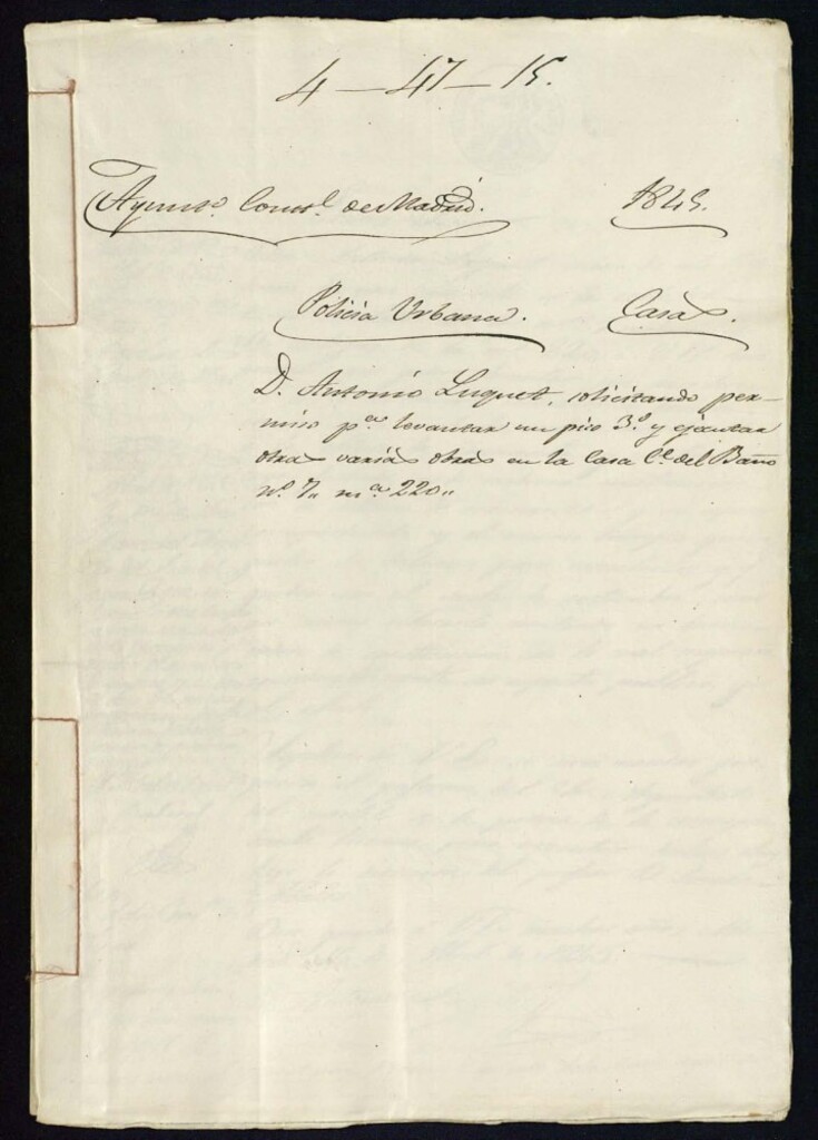 Miniatura de Don Antonio Luquet solicitando permiso para levantar un piso tercero y ejecutar otras varias obras en la casa de la calle del Baño, 7, manzana 220