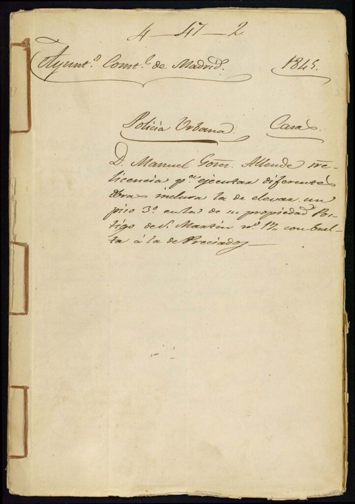 Miniatura de Don Manuel Gómez Allende sobre licencias para ejecutar diferentes obras inclusa la de elevar un piso tercero en la de su propiedad Postigo de San Martín, 17, con vuelta a la de Preciados.