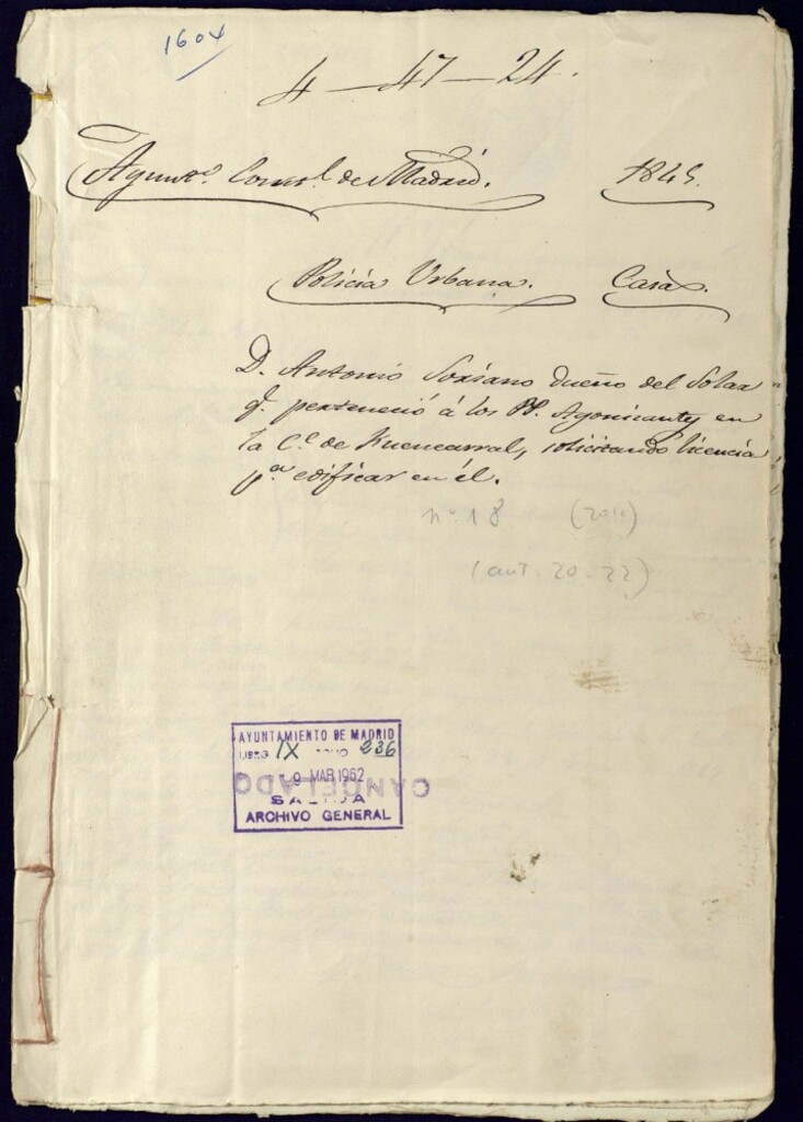Miniatura de Don Antonio Soriano, dueño del Solar que le perteneció a los Padres Agonizantes en la calle de Fuencarral nº 20 y 22, manzana 303, solicitando licencia para edificar en él.