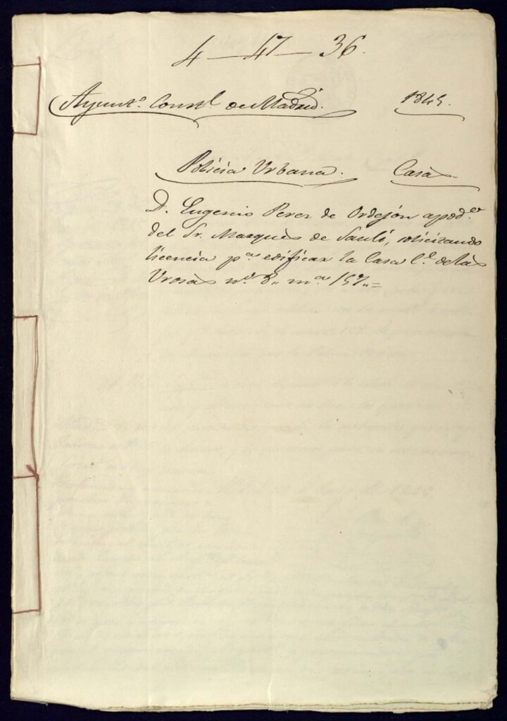 Miniatura de Don Eugenio Pérez de Ordejón apoderado del Sr. Marques de Sandi, solicitando licencia para edificar la casa, calle de las Urosas nº 8, manzana 157.