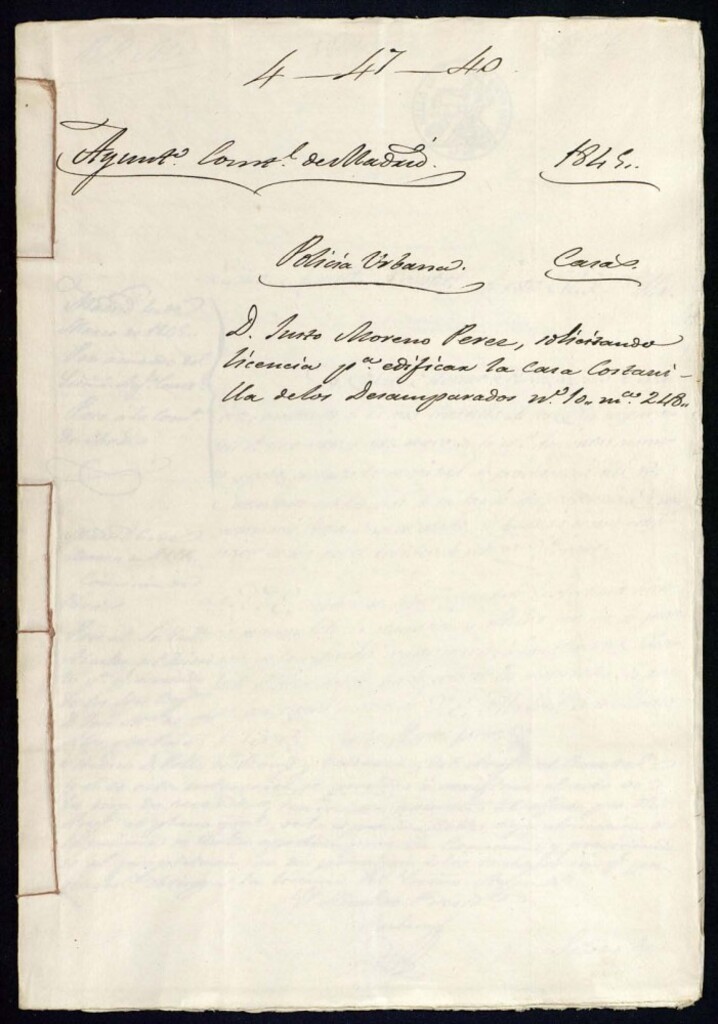 Miniatura de Don Justo Moreno Pérez, solicitando licencia para edificar la casa Costanilla de los Desamparados, 10, manzana 248.