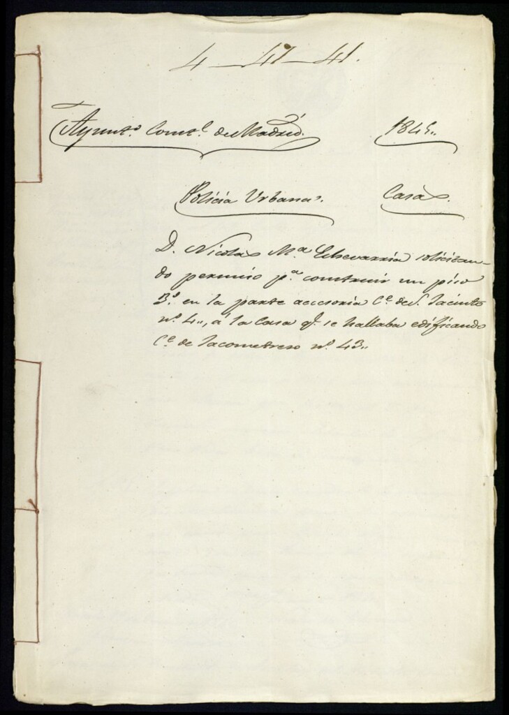 Miniatura de Don Nicolás María Echevarría solicitando permiso para construir un piso tercero en la parte accesoría de la calle de San Jacinto, 4 a la casa que se hallaba edificando en la calle de Jacometrezo, 43.