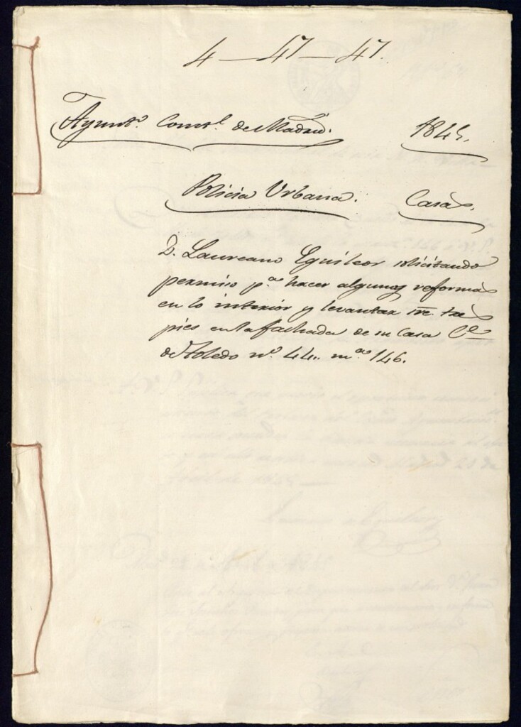 Miniatura de Don Laureano Eguileoz solicitando permiso para hacer algunas reformas en lo interior y levantar sobre tres pies en la fachada de su casa de la calle de Toledo, 44, manzana 146